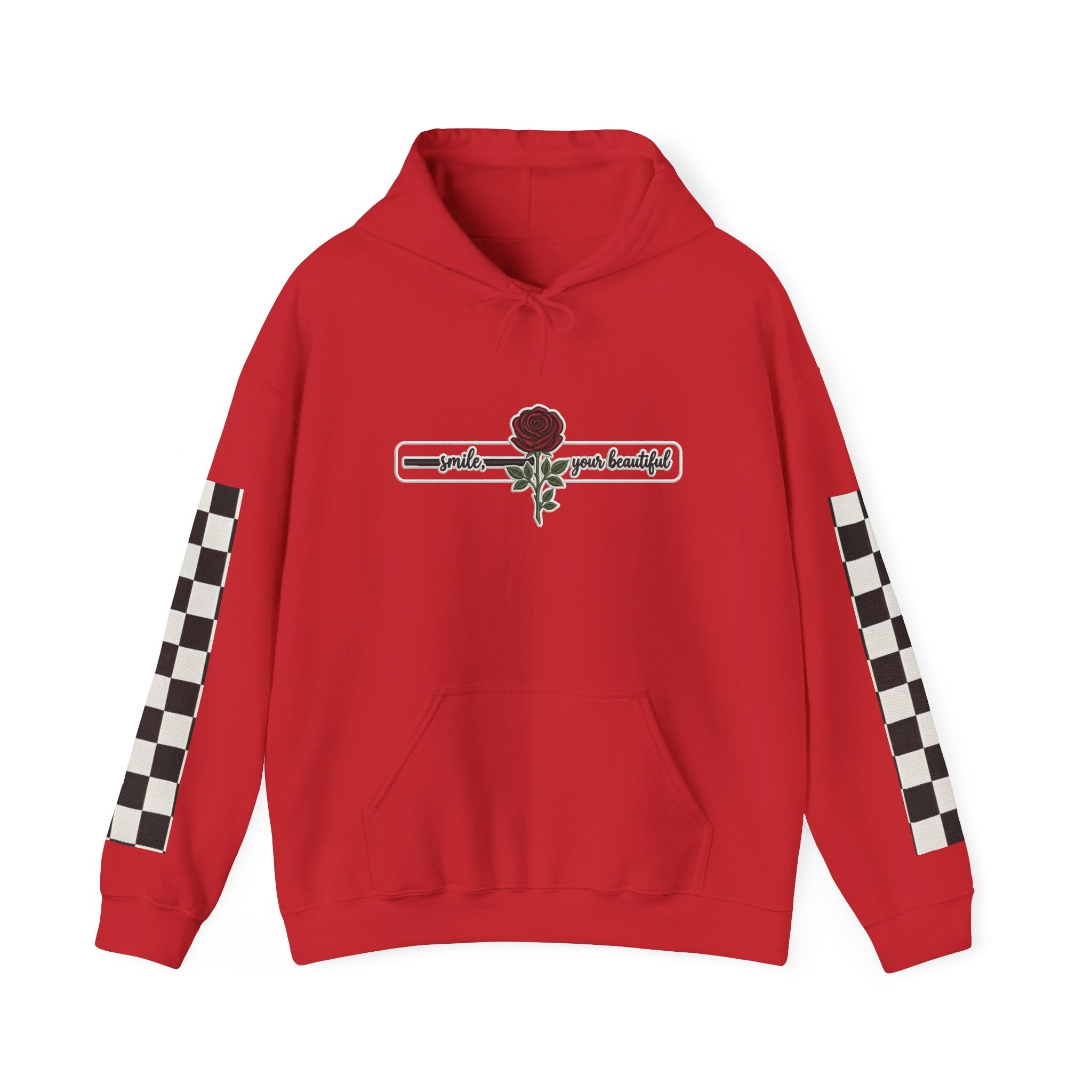 Rose & Checkered Sleeve Hoodie — "Smile, You're Beautiful" Graphic