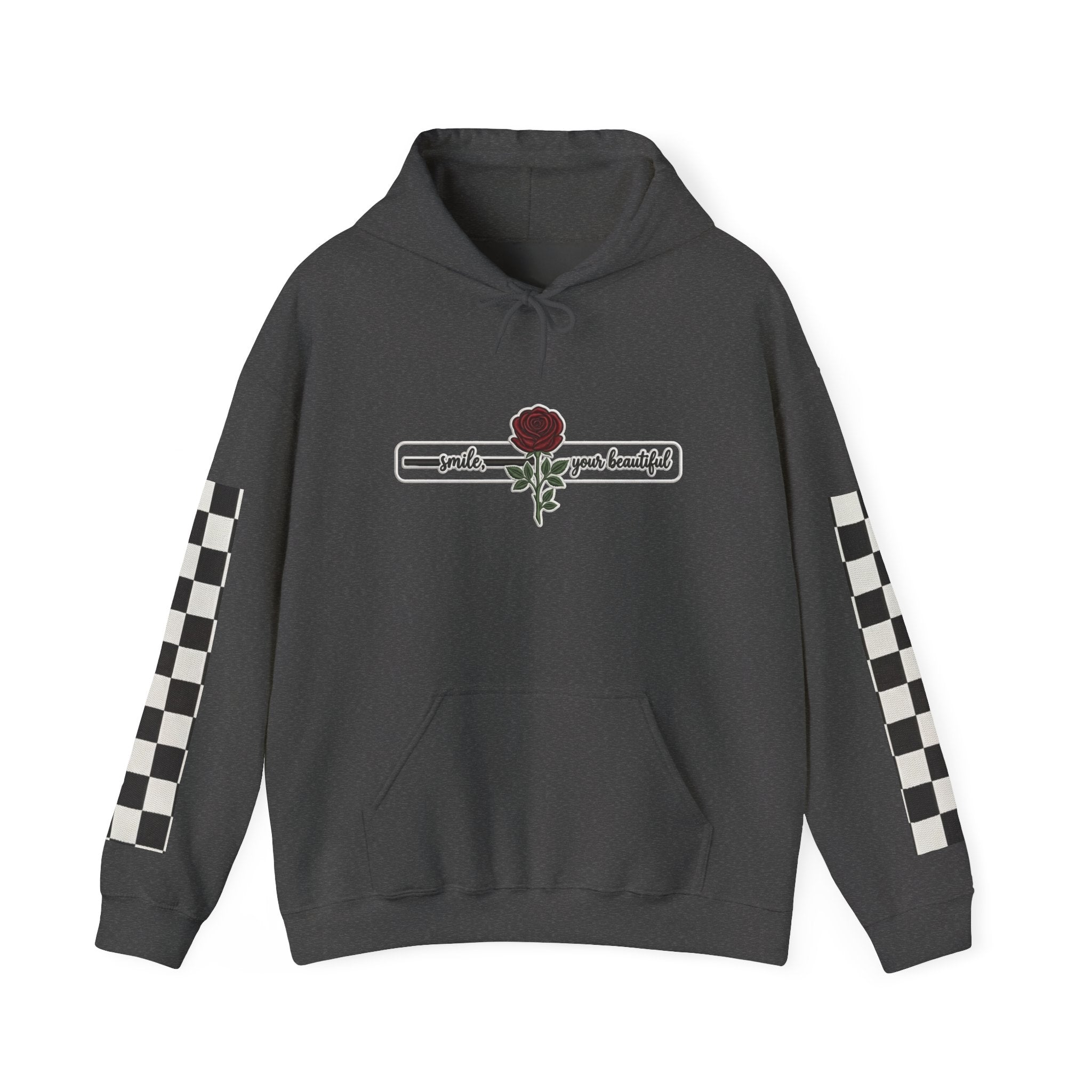 Rose & Checkered Sleeve Hoodie — "Smile, You're Beautiful" Graphic