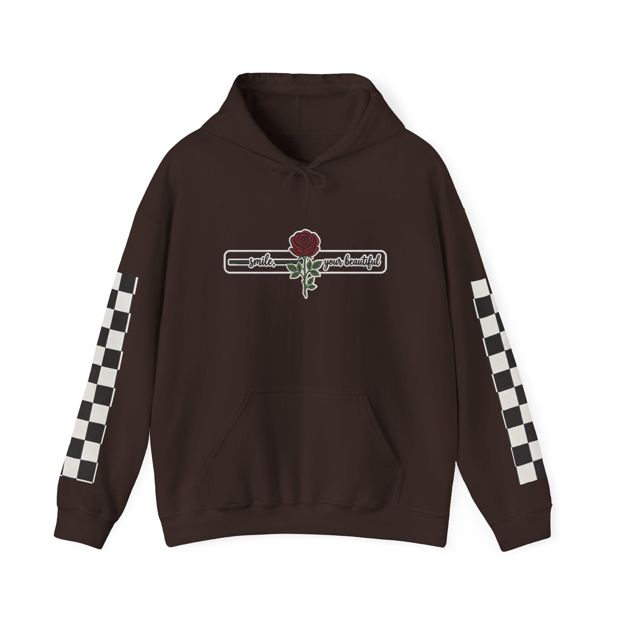 Rose & Checkered Sleeve Hoodie — "Smile, You're Beautiful" Graphic