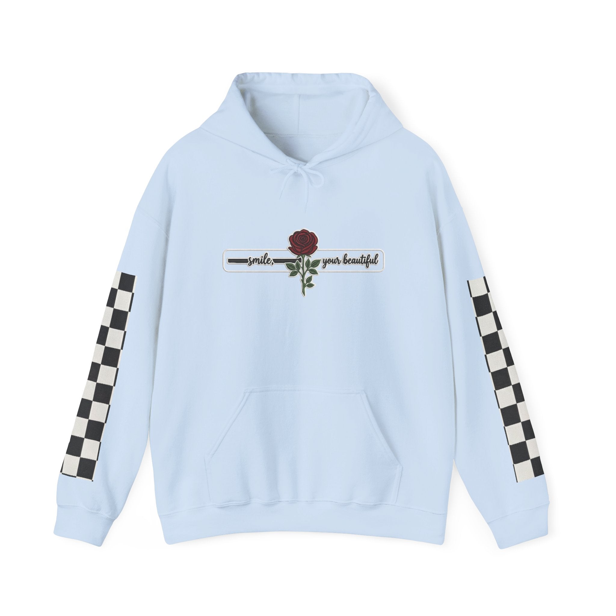 Rose & Checkered Sleeve Hoodie — "Smile, You're Beautiful" Graphic