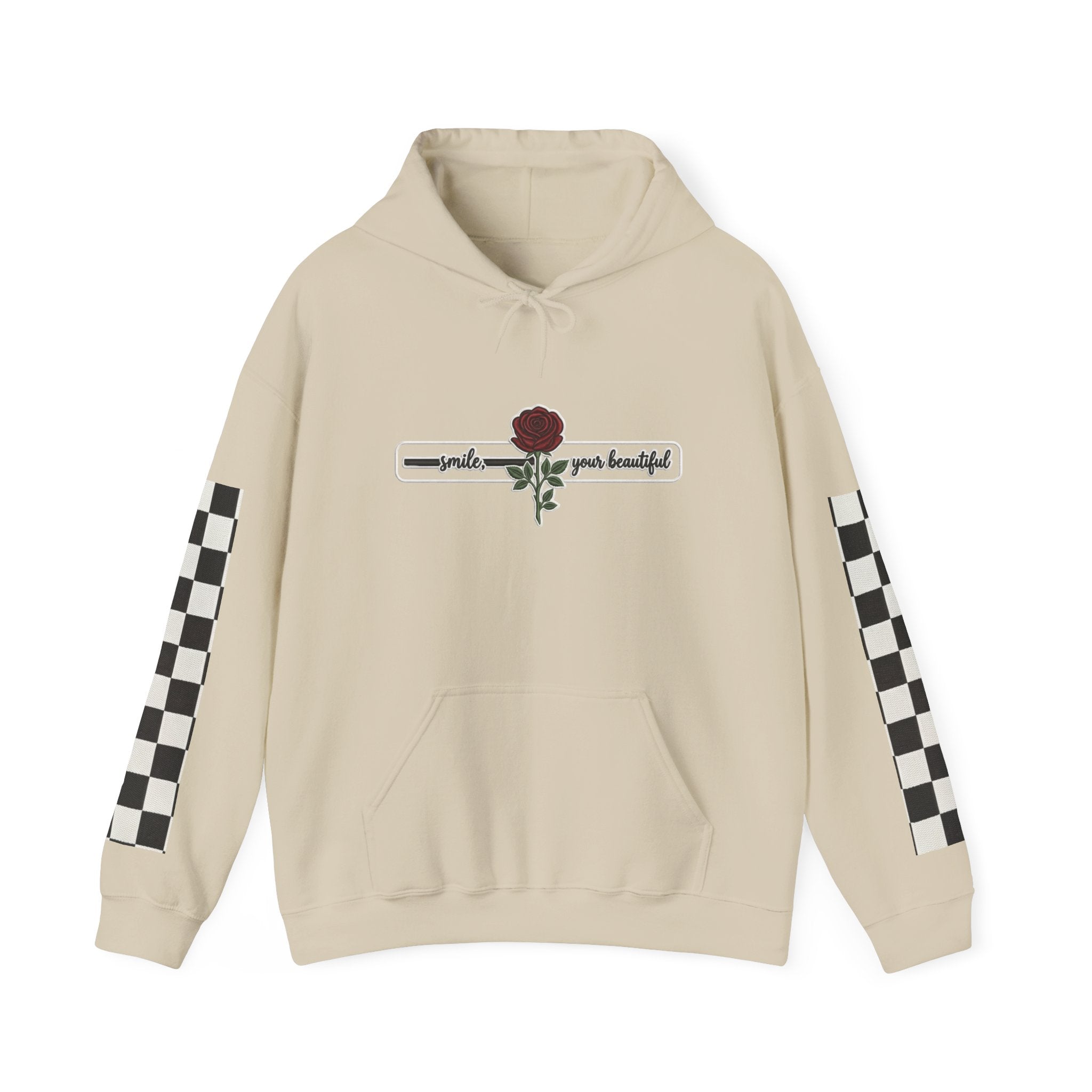 Rose & Checkered Sleeve Hoodie — "Smile, You're Beautiful" Graphic