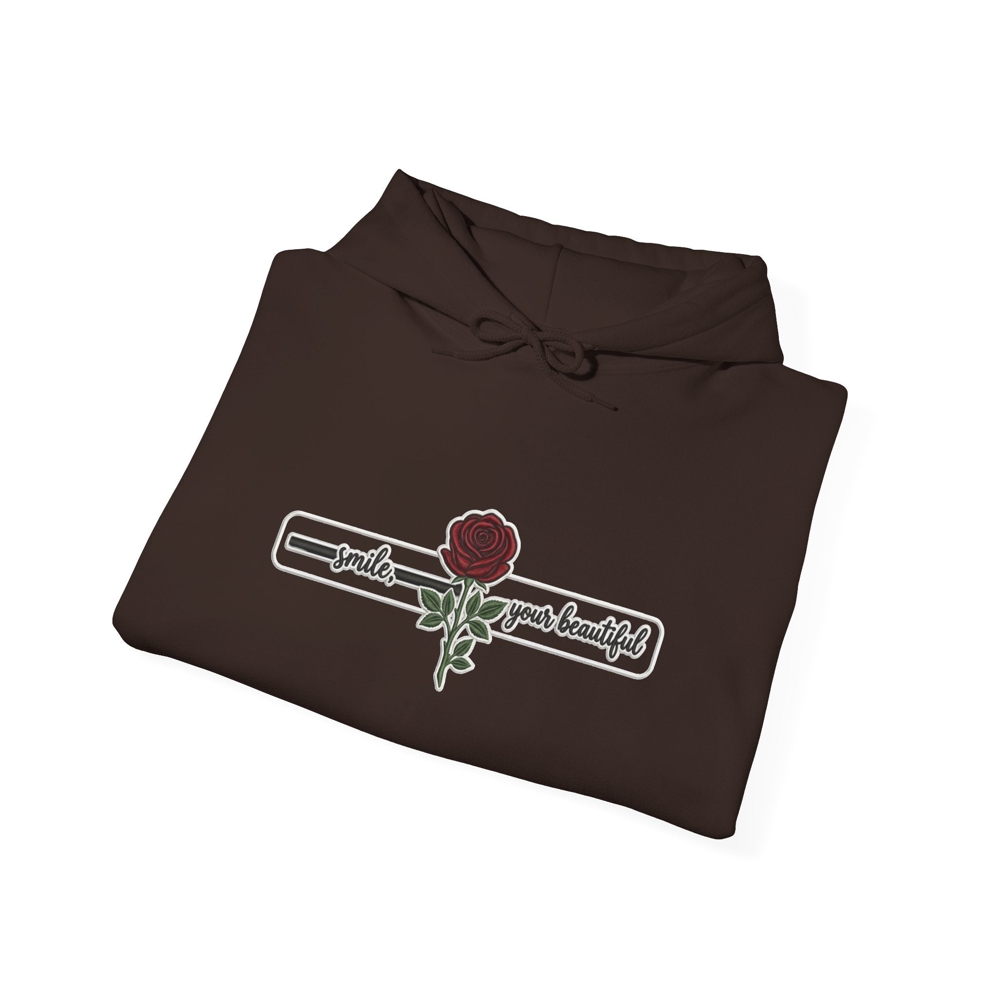 Rose & Checkered Sleeve Hoodie — "Smile, You're Beautiful" Graphic