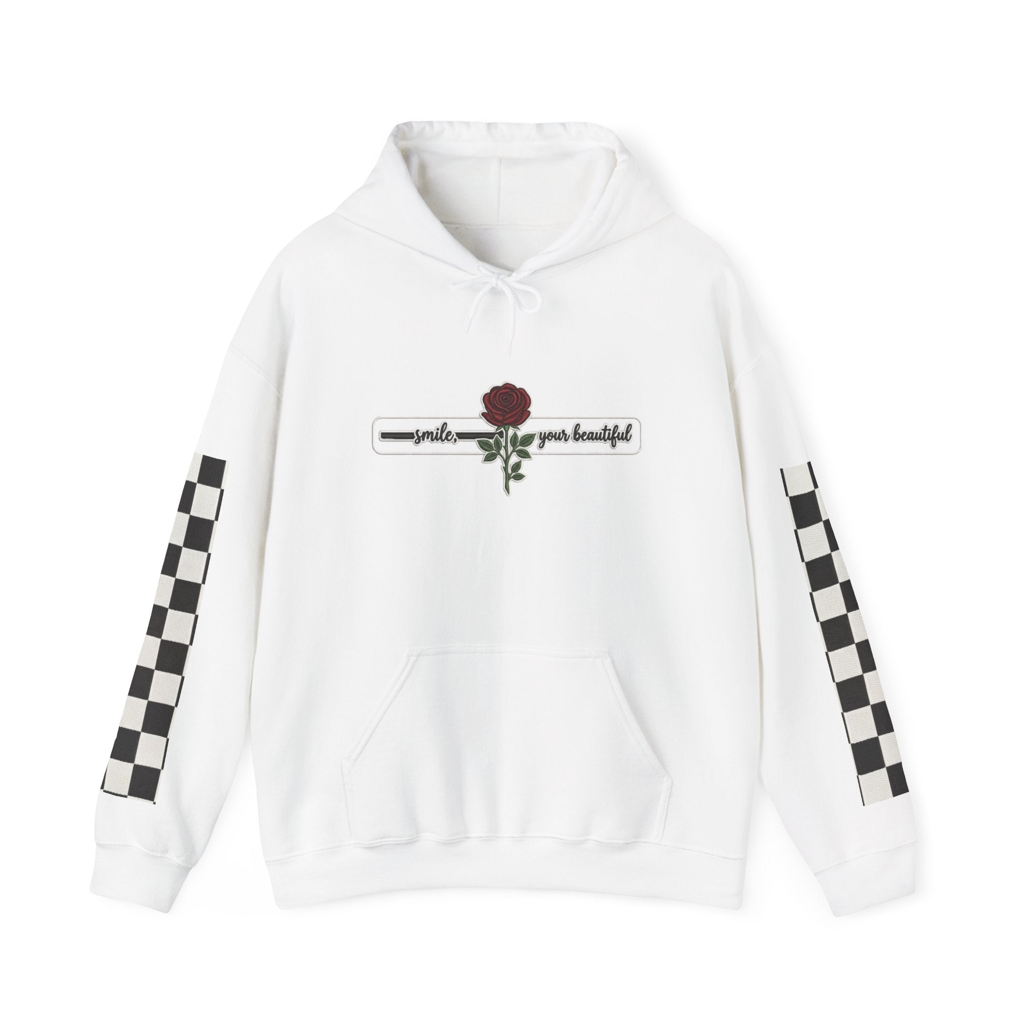 Rose & Checkered Sleeve Hoodie — "Smile, You're Beautiful" Graphic
