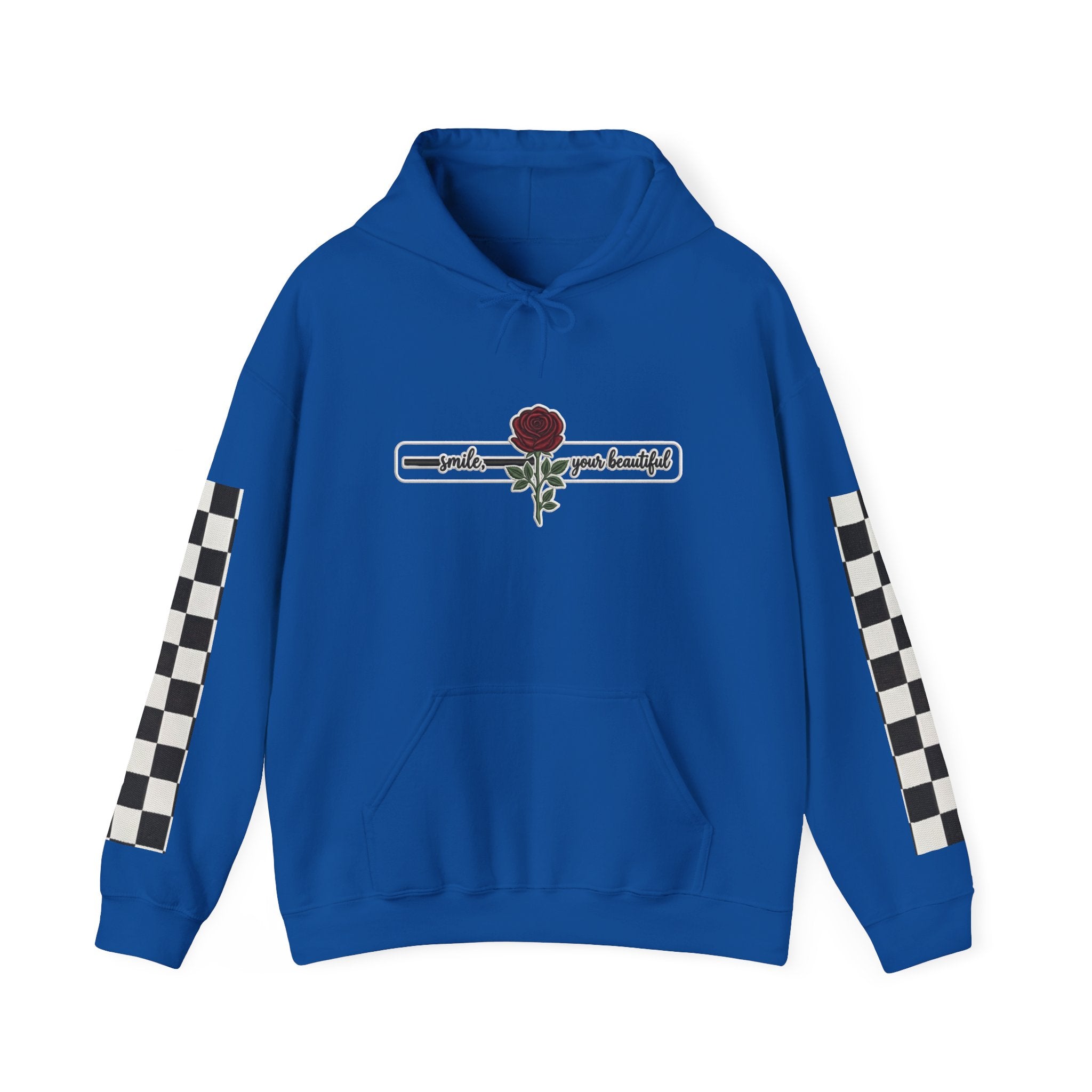 Rose & Checkered Sleeve Hoodie — "Smile, You're Beautiful" Graphic