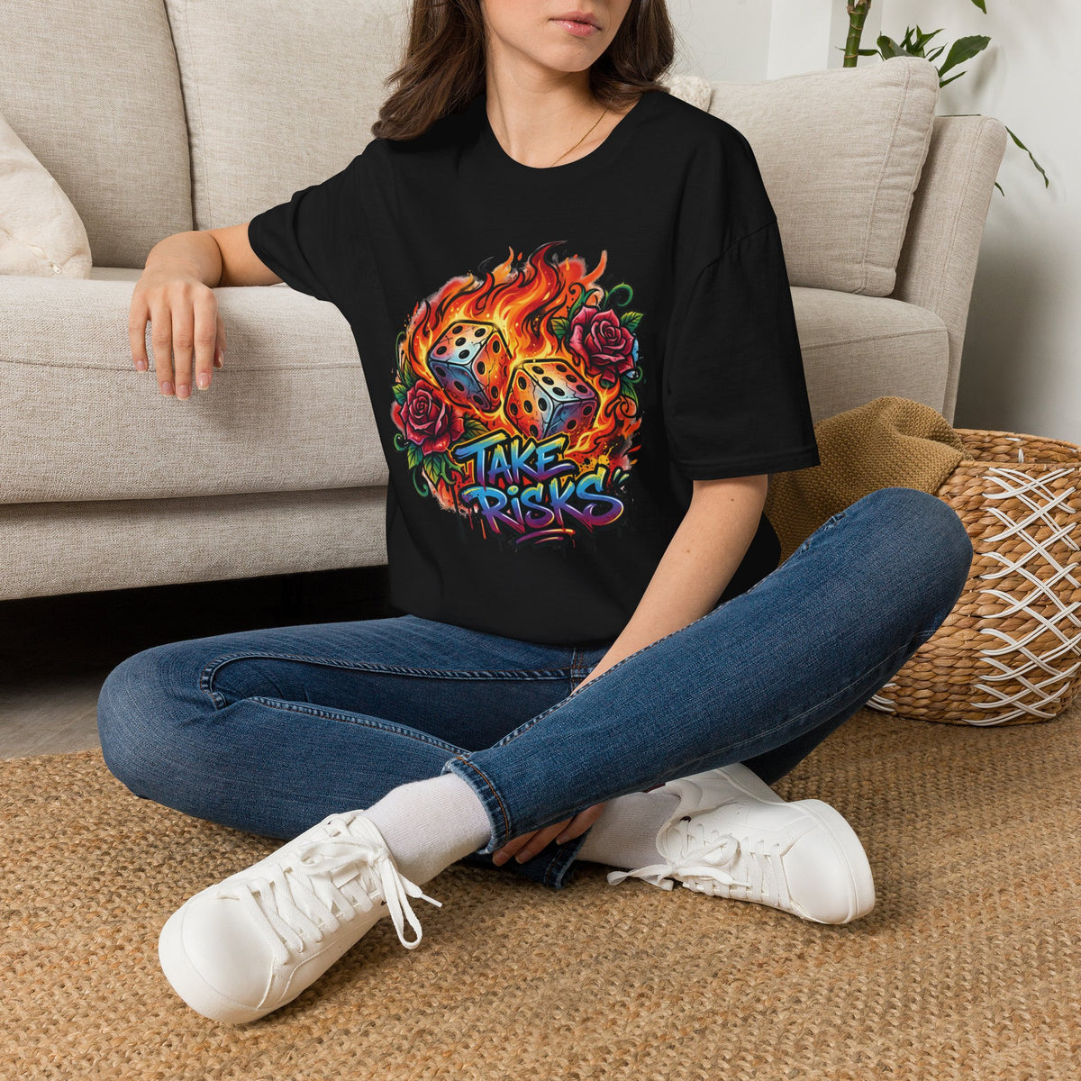 Flaming Dice Tee - Take Risks Graphic T-Shirt