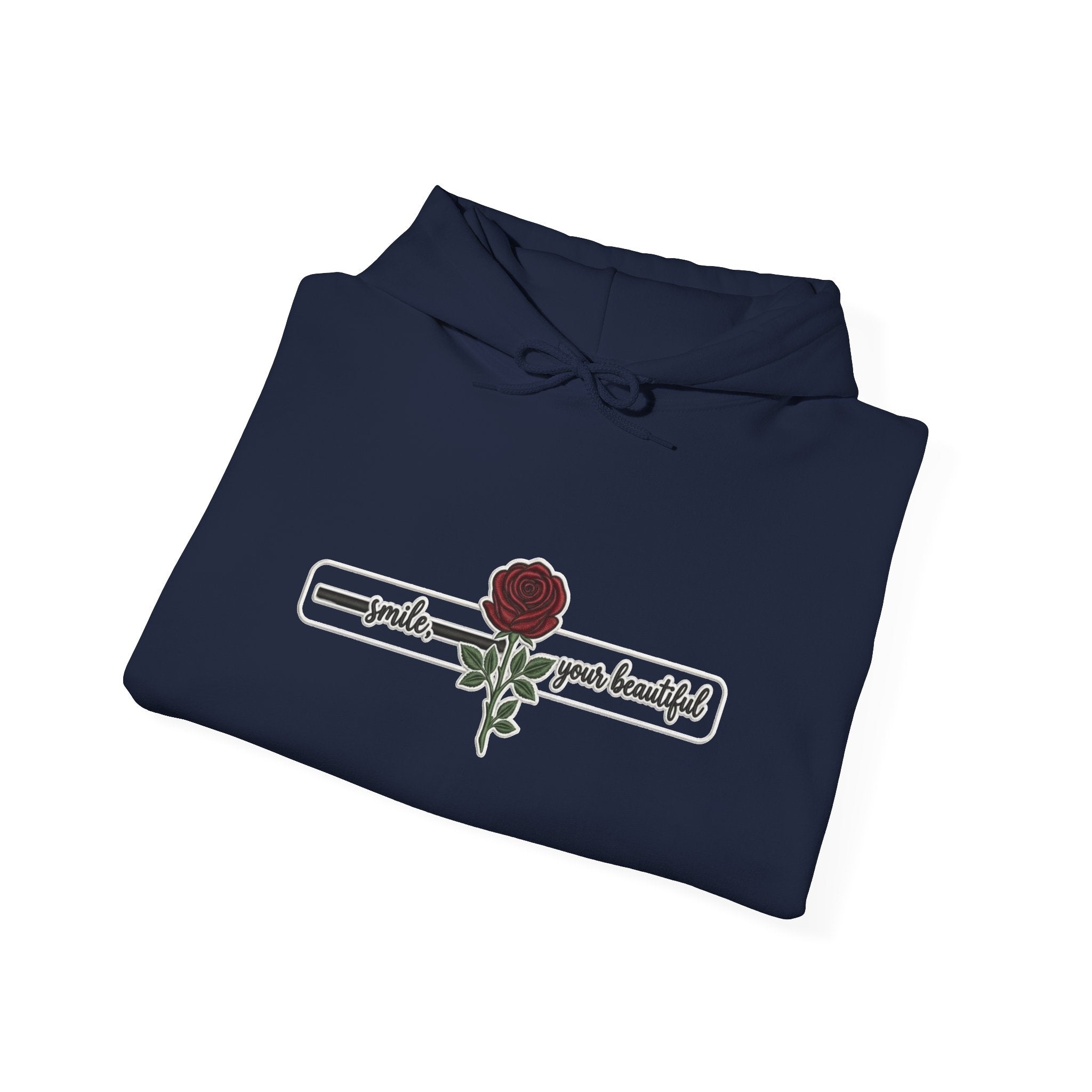 Rose & Checkered Sleeve Hoodie — "Smile, You're Beautiful" Graphic