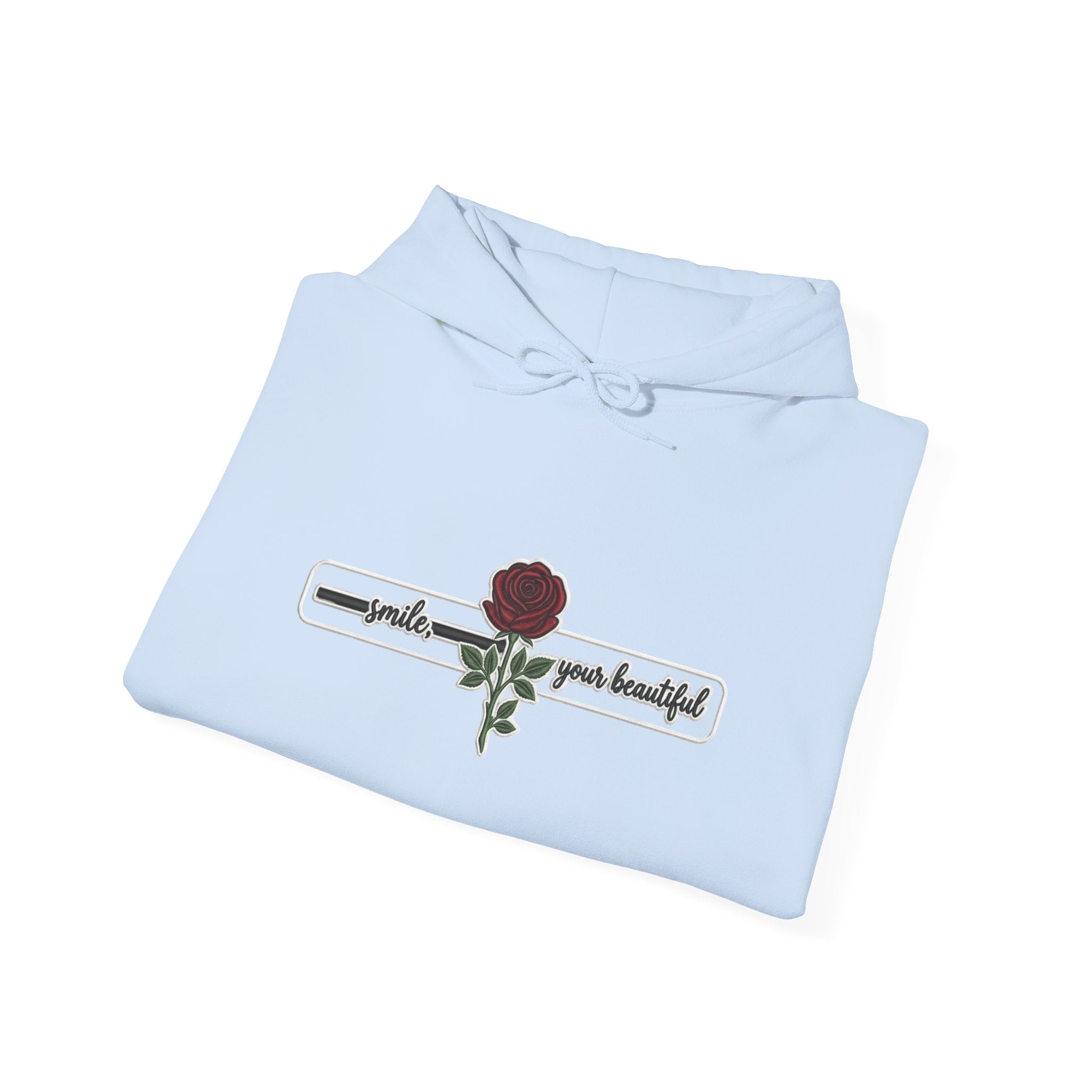 Rose & Checkered Sleeve Hoodie — "Smile, You're Beautiful" Graphic