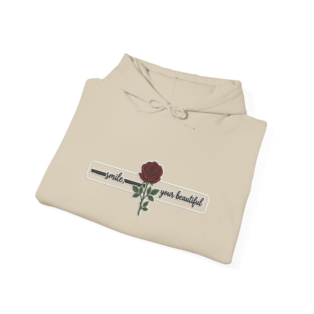Rose & Checkered Sleeve Hoodie — "Smile, You're Beautiful" Graphic