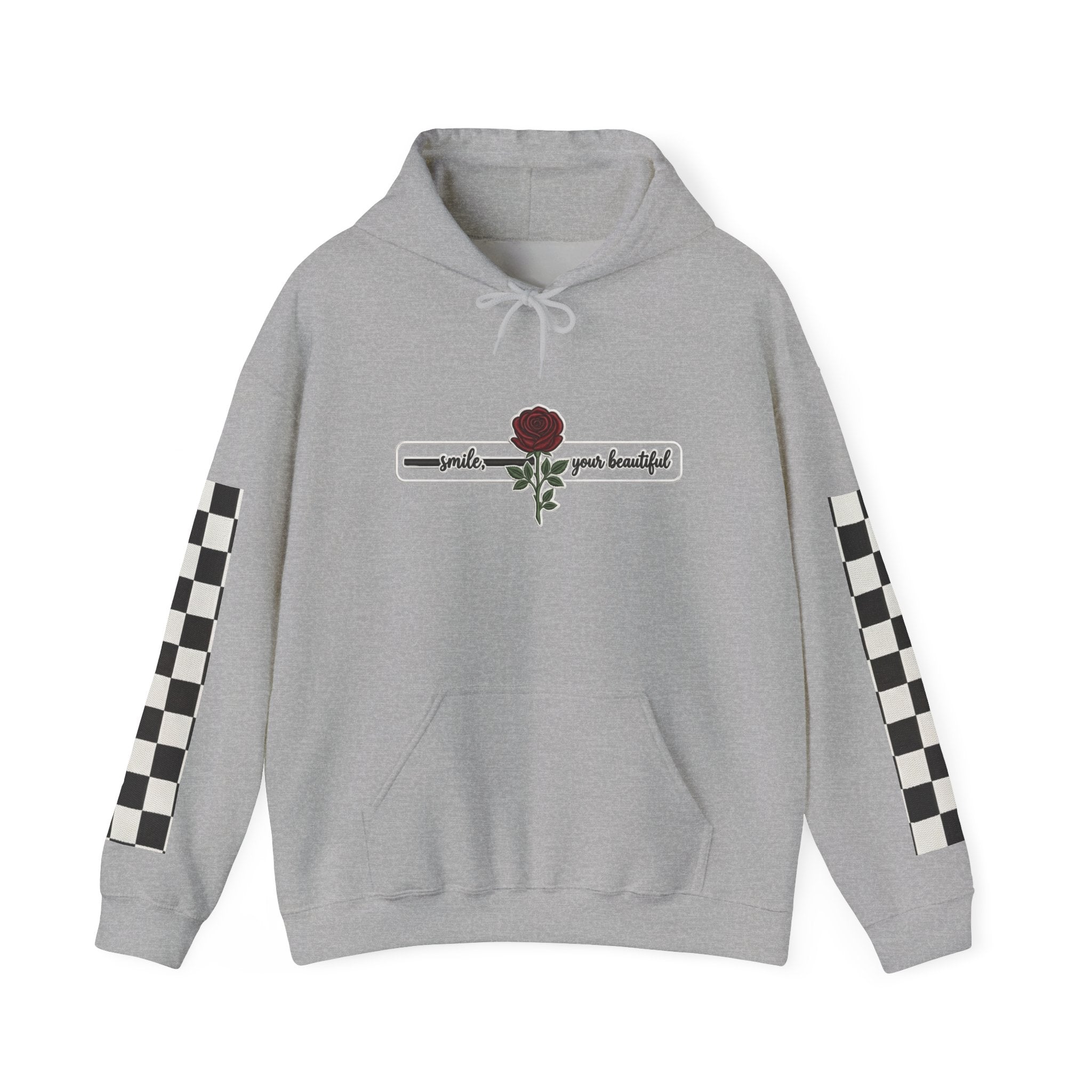 Rose & Checkered Sleeve Hoodie — "Smile, You're Beautiful" Graphic
