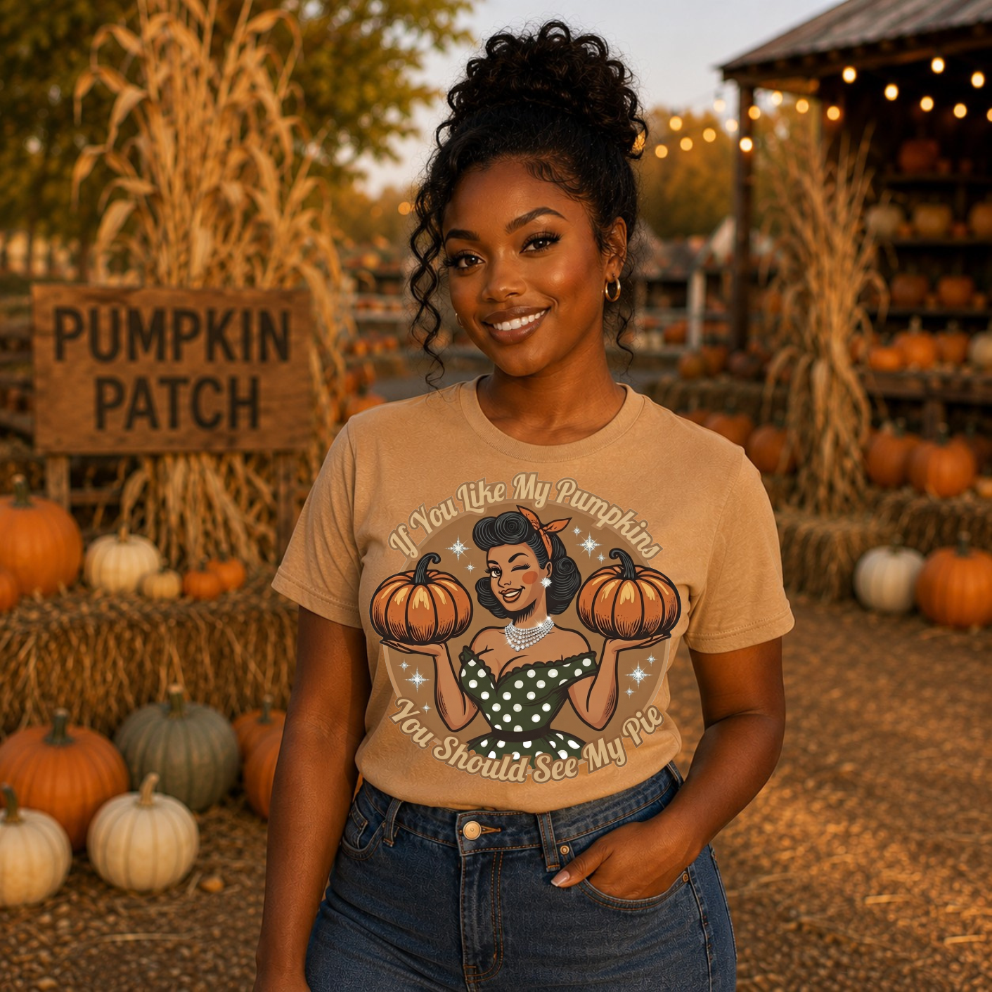 Funny Fall Pumpkin Tee – Retro Pin-Up Women's Graphic T-Shirt | Thanksgiving Halloween Gift