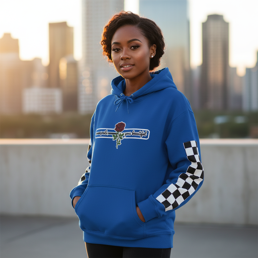 Rose & Checkered Sleeve Hoodie — "Smile, You're Beautiful" Graphic