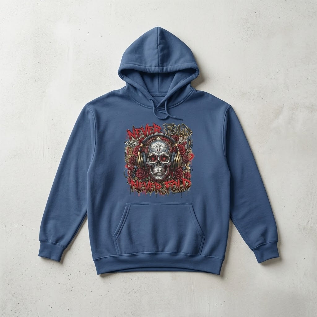 Skull & Roses Hoodie — 'Never Fold, Never Yield' Graphic Pullover