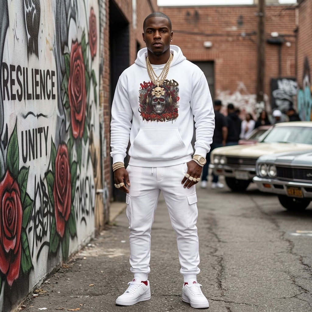 Skull & Roses Hoodie — 'Never Fold, Never Yield' Graphic Pullover