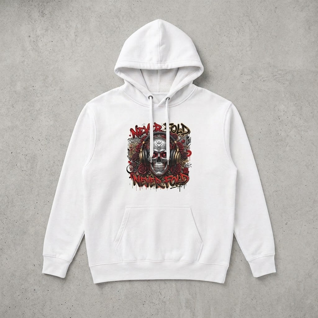 Skull & Roses Hoodie — 'Never Fold, Never Yield' Graphic Pullover