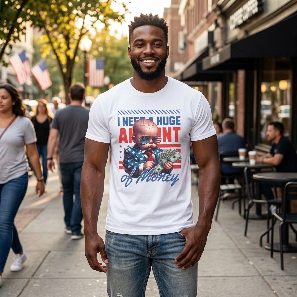 I Need a Huge Amount of Money T-Shirt — Funny Patriotic Baby Graphic Tee