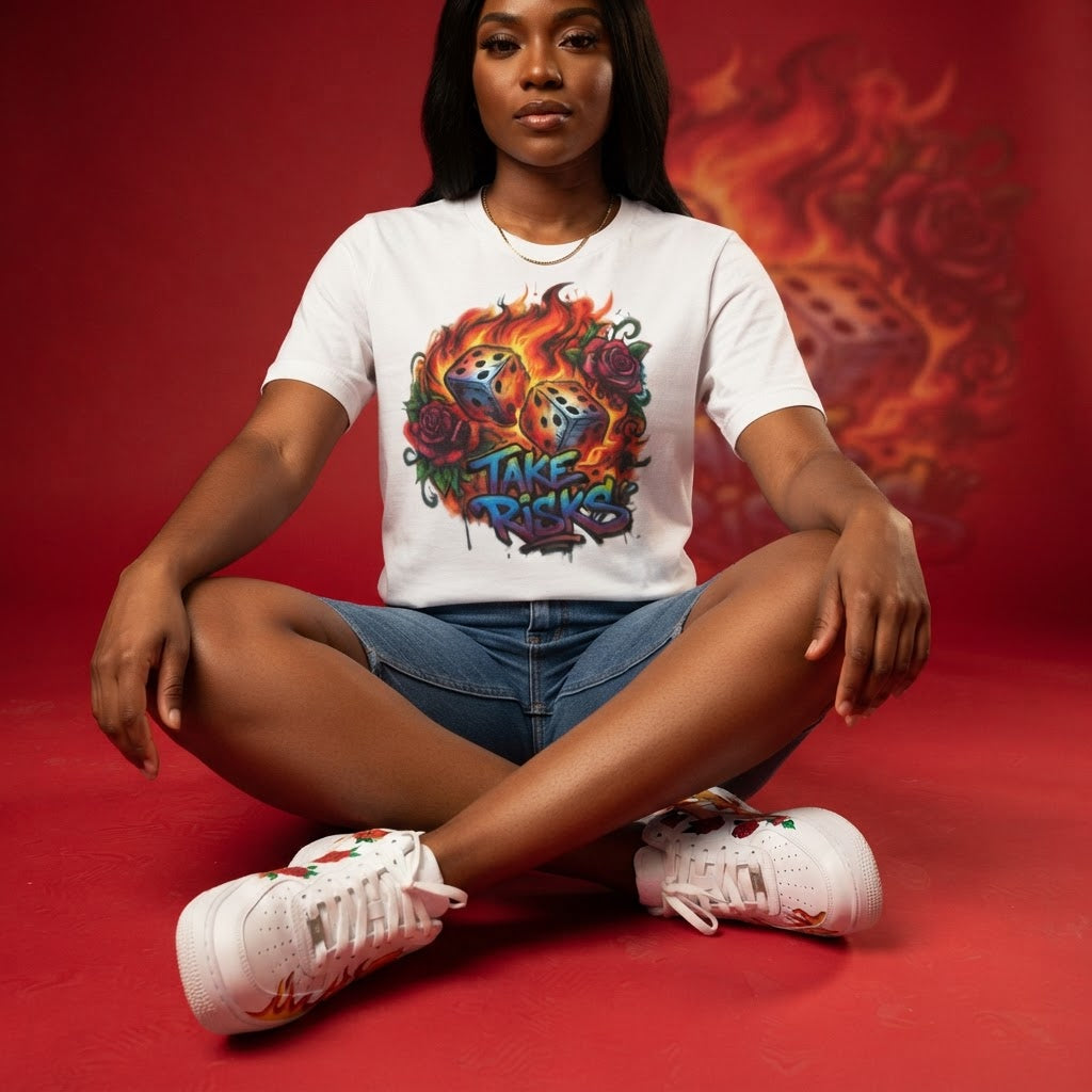 Flaming Dice Tee - Take Risks Graphic T-Shirt