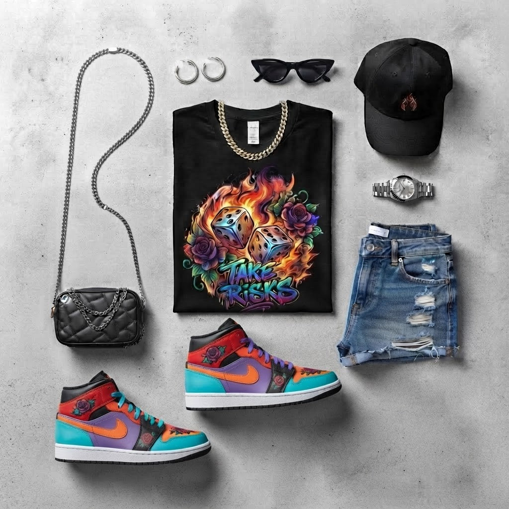 Flaming Dice Tee - Take Risks Graphic T-Shirt