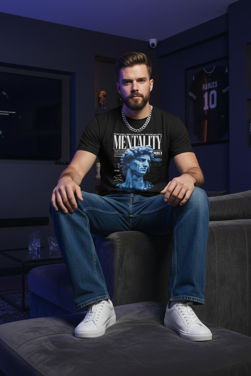 Mentality Statue Graphic T-Shirt — Vintage Blue Sculpture Tee