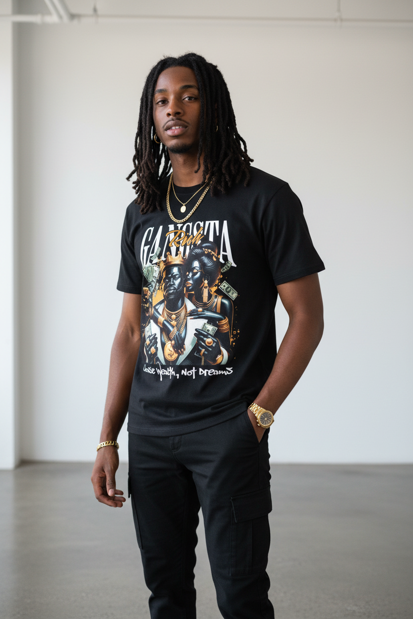Gangsta Rich Graphic T‑Shirt — 'Gangsta Rich' Retro Hip‑Hop Money Tee