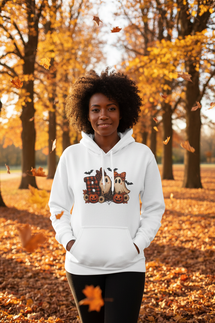 Halloween Boo Ghost Hoodie - Cute Pumpkin & Bat Fall Sweatshirt
