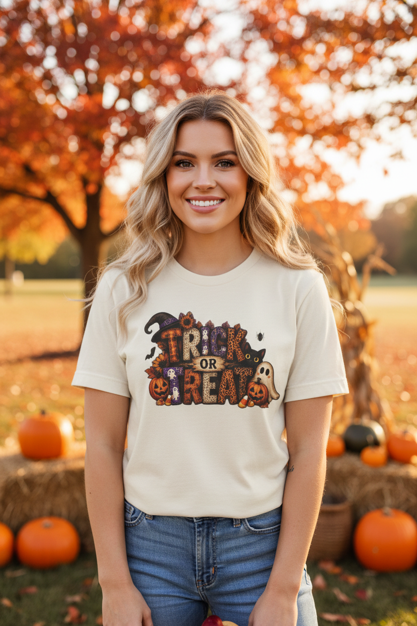 Trick or Treat Halloween T-Shirt — Spooky Pumpkin, Ghost & Black Cat Tee