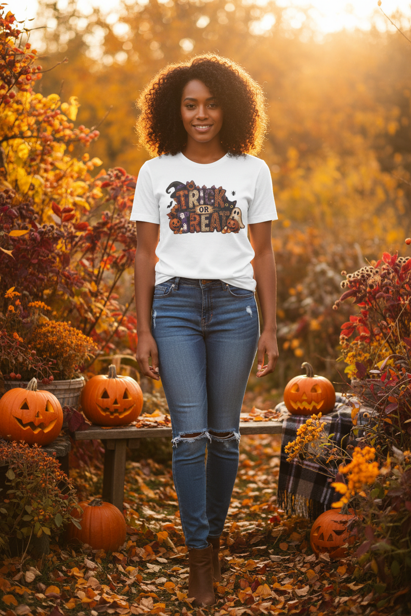 Trick or Treat Halloween T-Shirt — Spooky Pumpkin, Ghost & Black Cat Tee