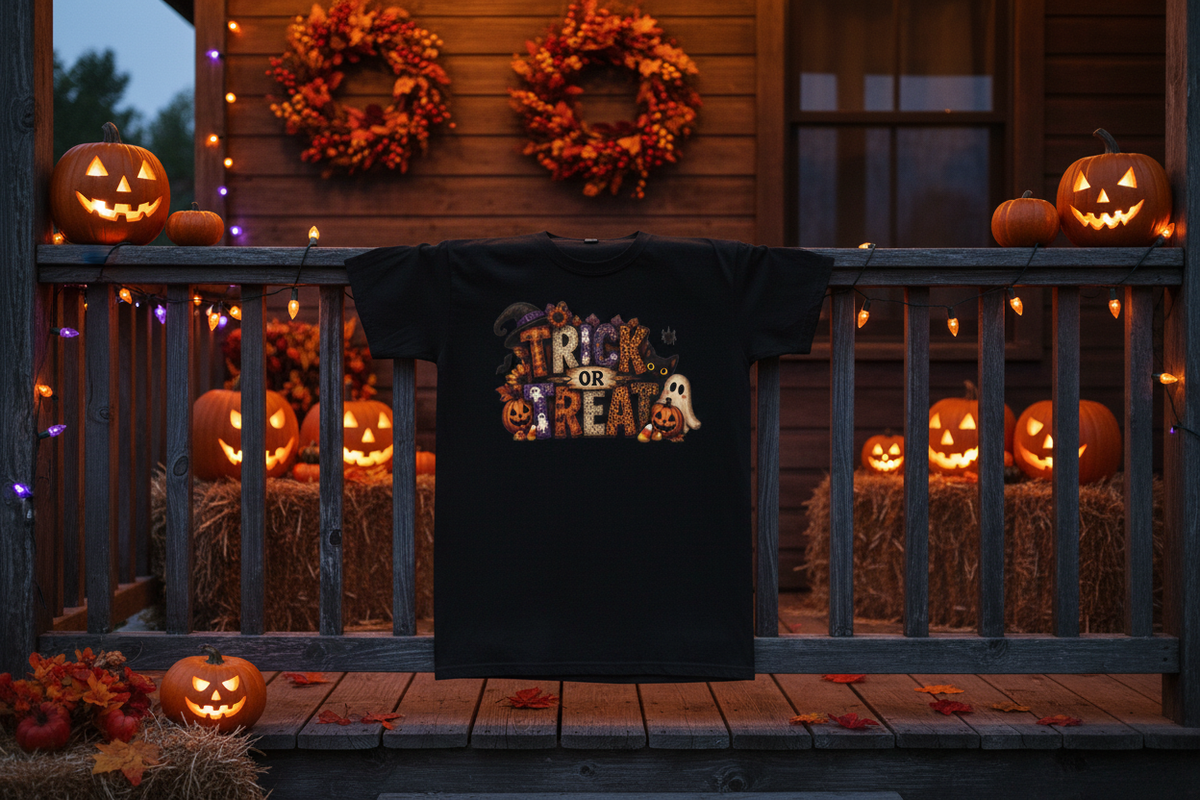 Trick or Treat Halloween T-Shirt — Spooky Pumpkin, Ghost & Black Cat Tee