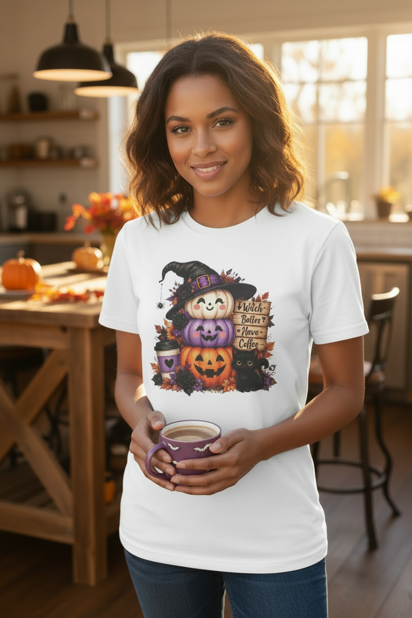 Halloween Witch Pumpkin T-Shirt — "Witch Better Have Coffee" Cute Fall Graphic Tee