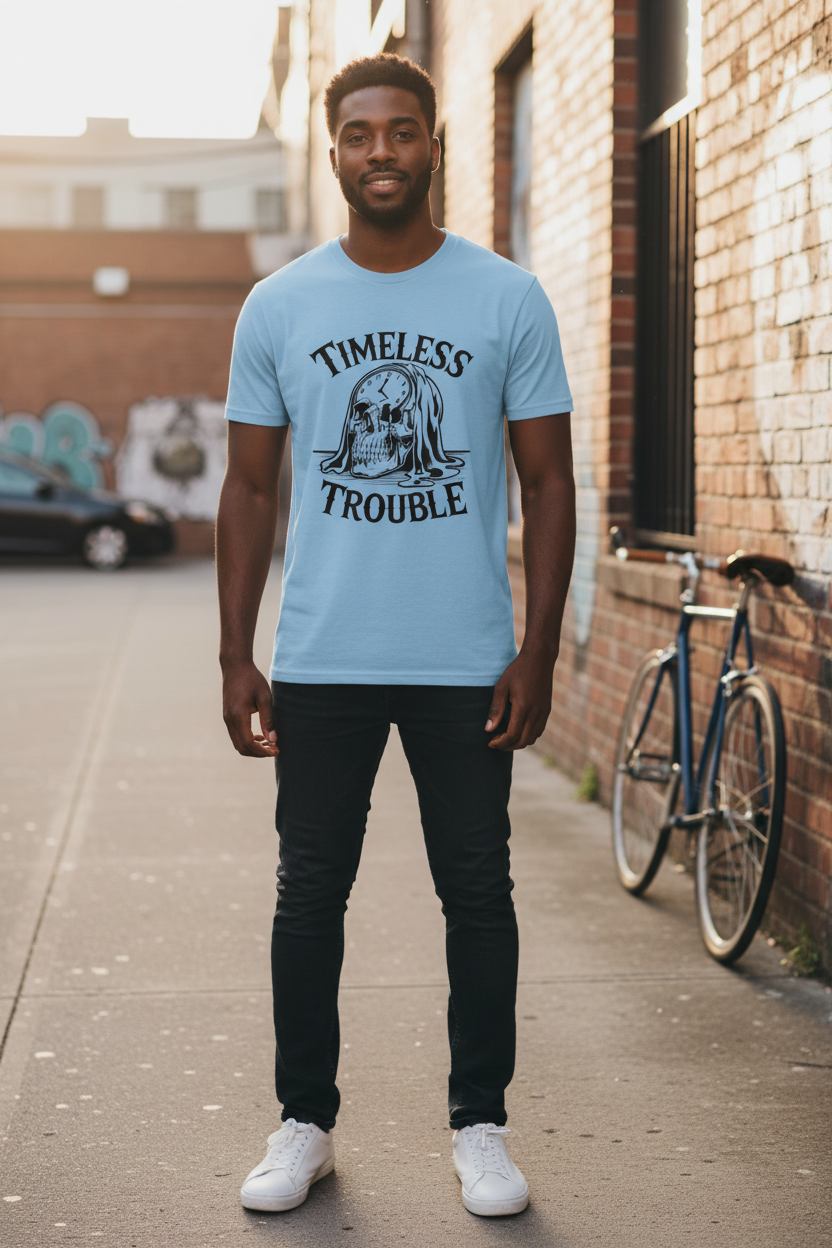 Timeless Trouble Tee — Vintage Melting Clock Skull Graphic T-Shirt