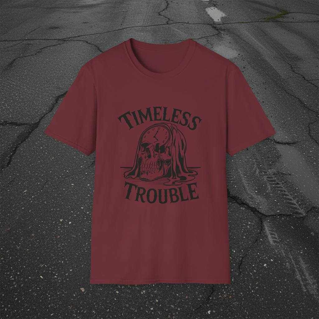 Timeless Trouble Tee — Vintage Melting Clock Skull Graphic T-Shirt
