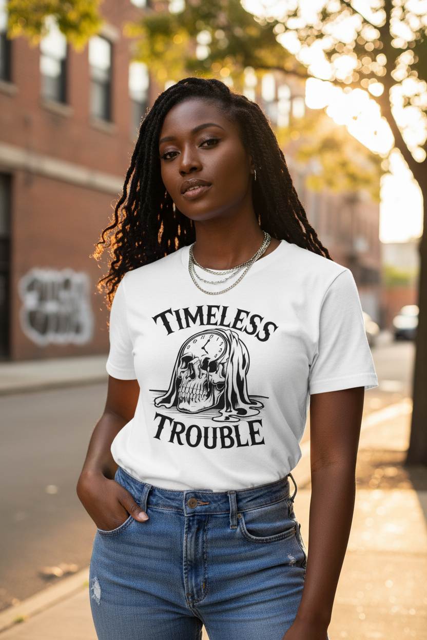 Timeless Trouble Tee — Vintage Melting Clock Skull Graphic T-Shirt