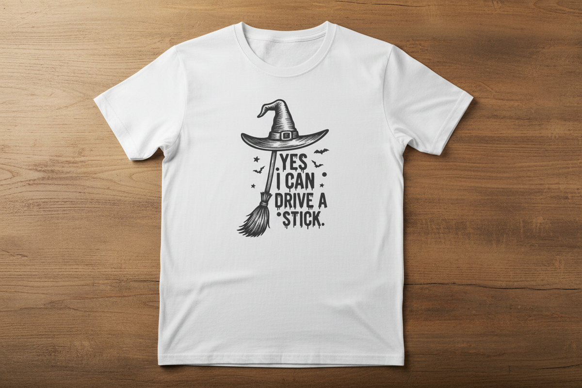 Witch Hat T‑Shirt — "Yes I Can Drive A Stick" Halloween Tee
