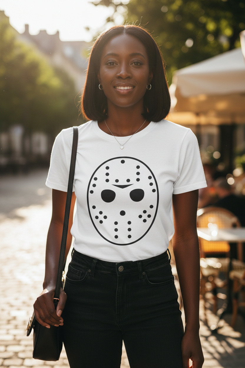 Hockey Mask Graphic T-Shirt — Retro Jason-Inspired Horror Tee