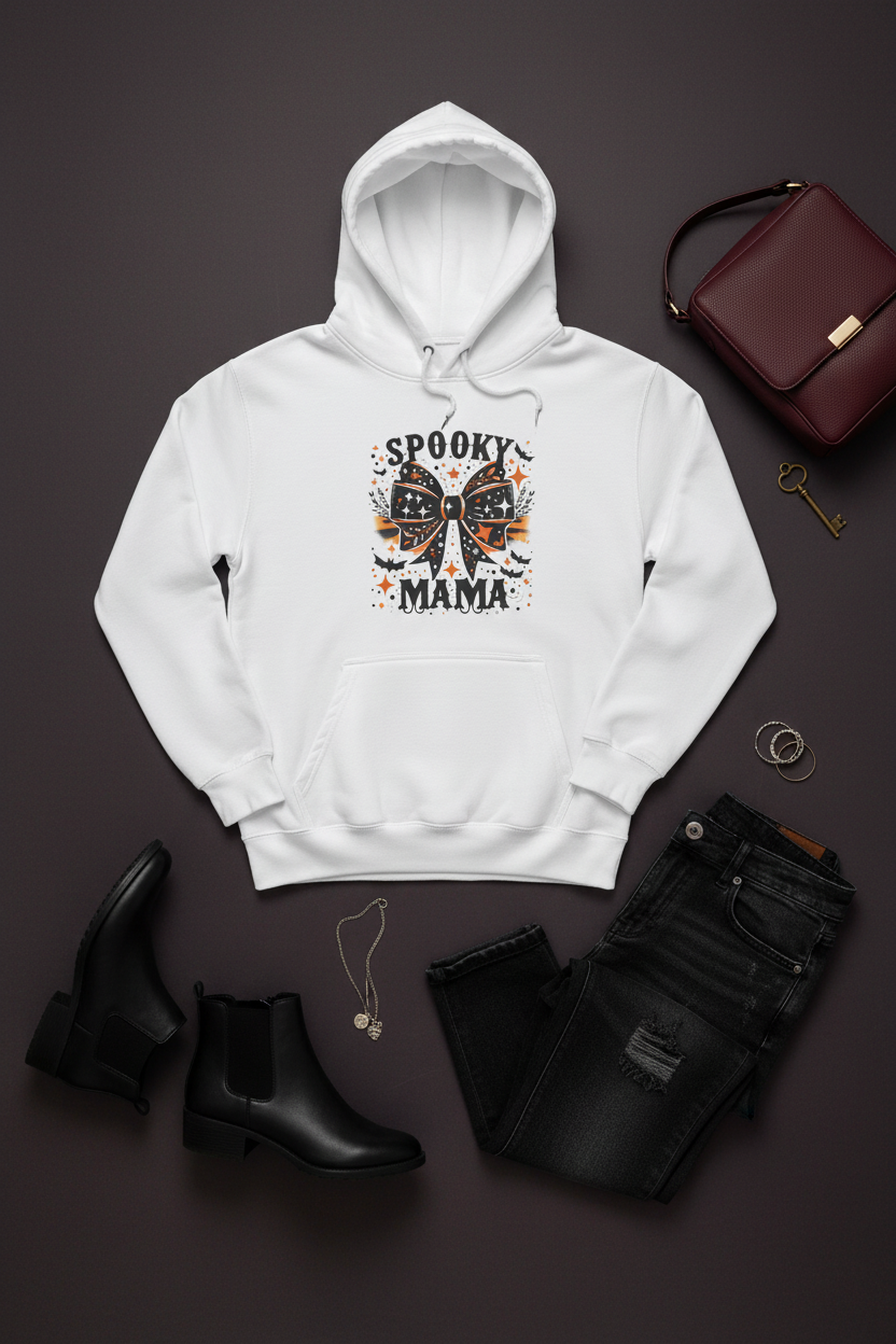 Spooky Mama Halloween Hoodie — Graphic Bow Pullover for Moms