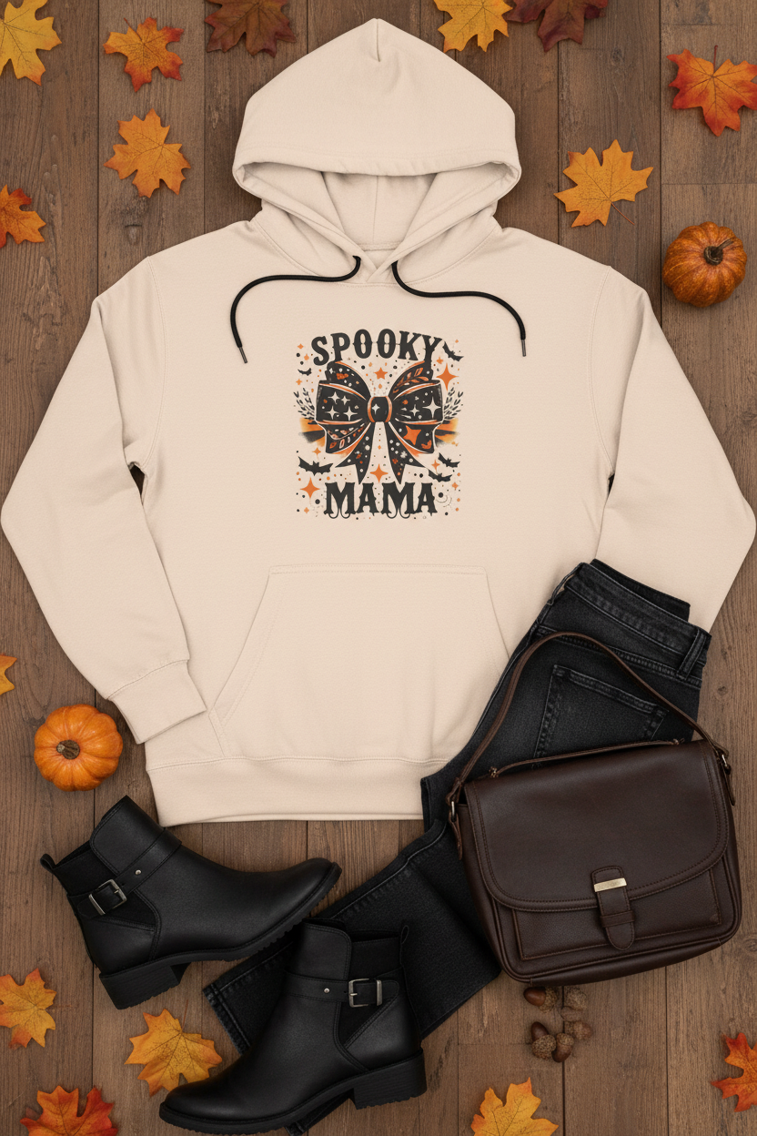 Spooky Mama Halloween Hoodie — Graphic Bow Pullover for Moms