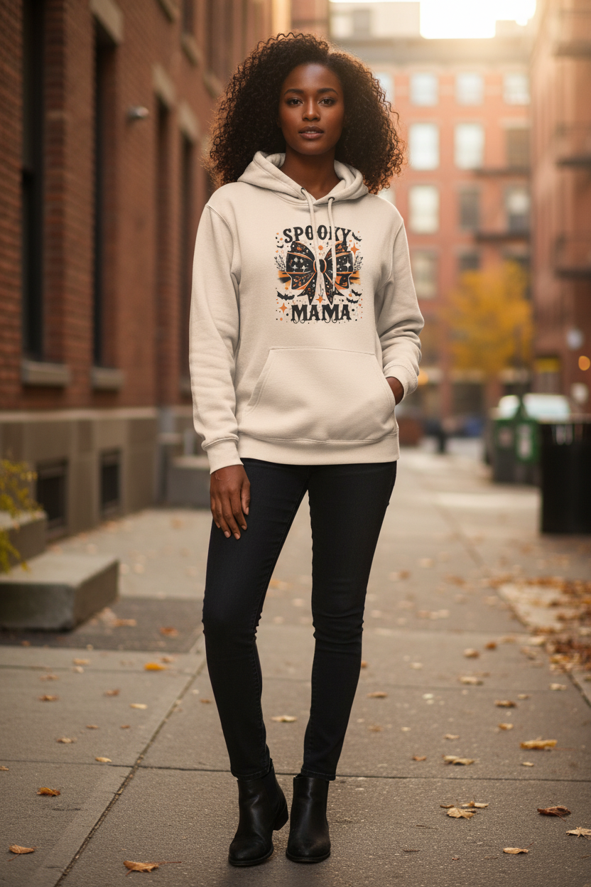 Spooky Mama Halloween Hoodie — Graphic Bow Pullover for Moms