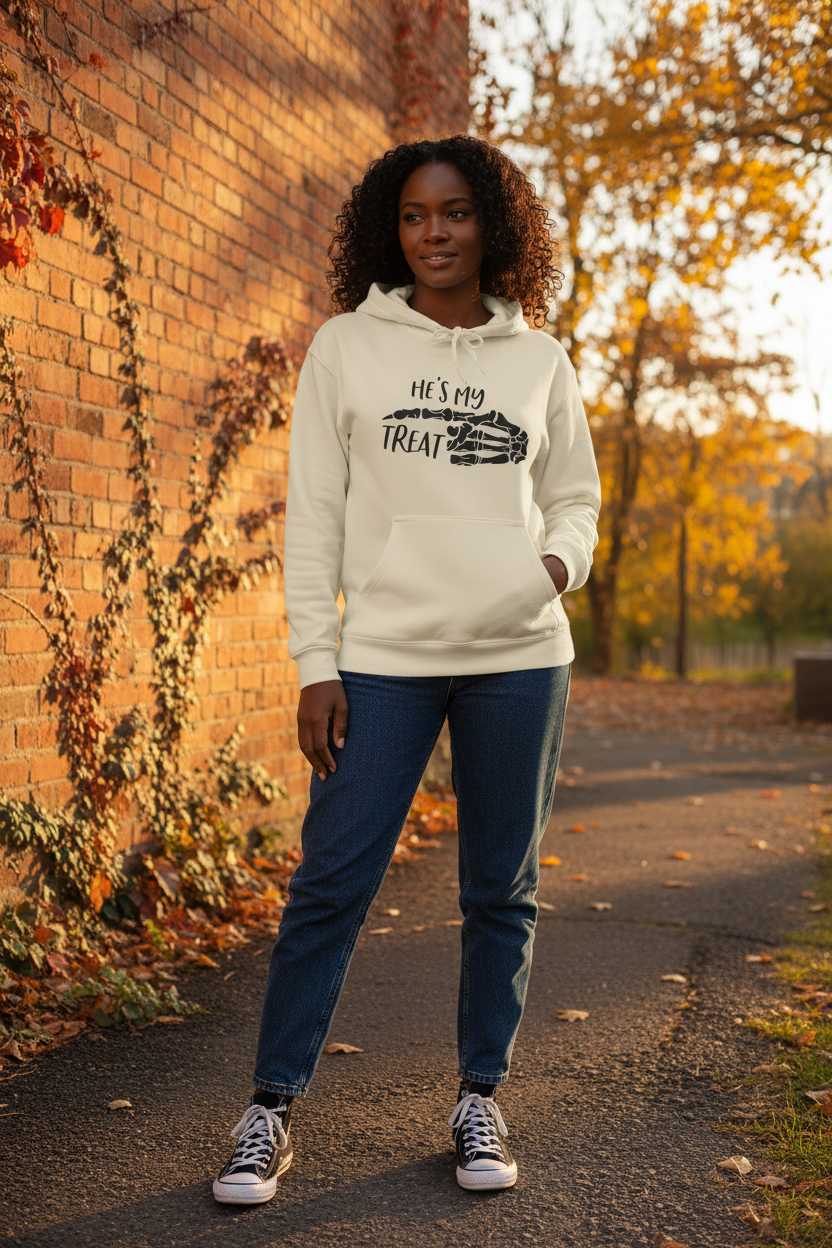 He's My Treat Skeleton Hand Hoodie — Halloween Couple Sweatshirt