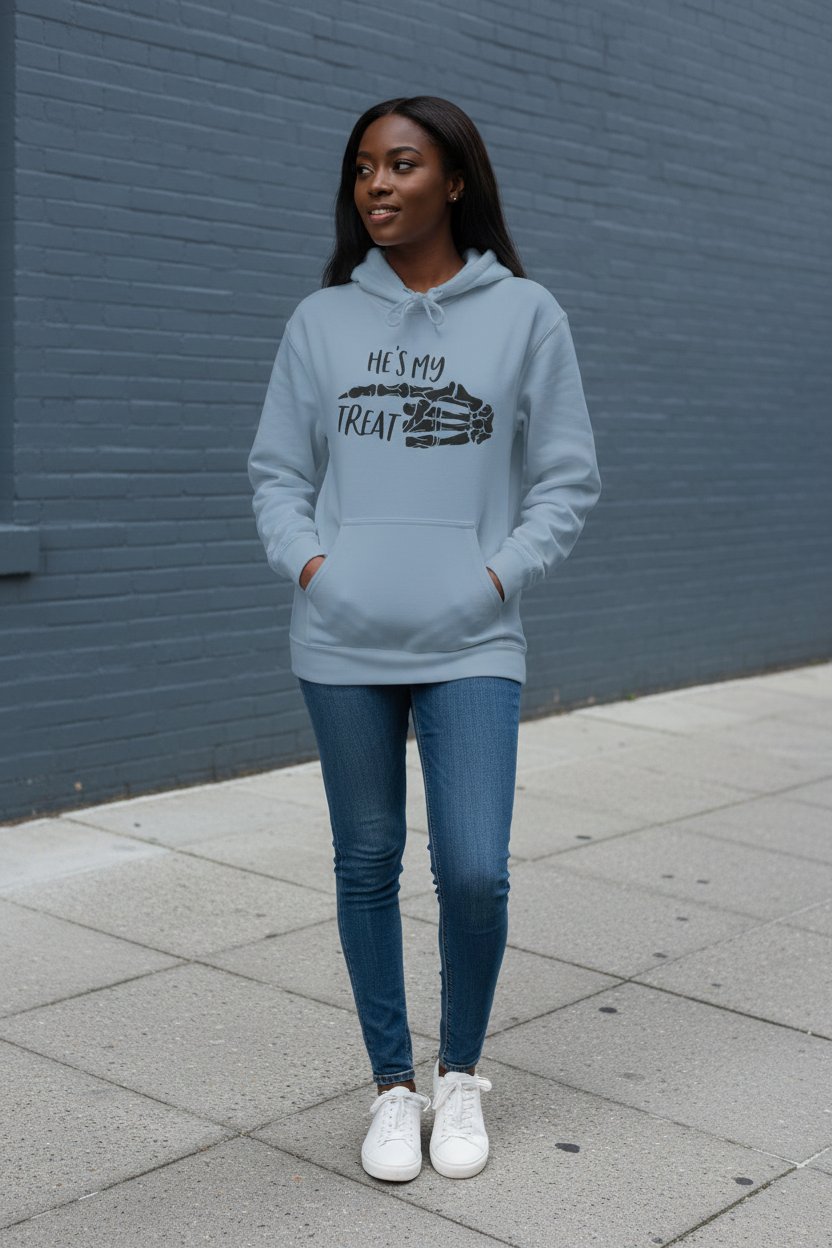 He's My Treat Skeleton Hand Hoodie — Halloween Couple Sweatshirt