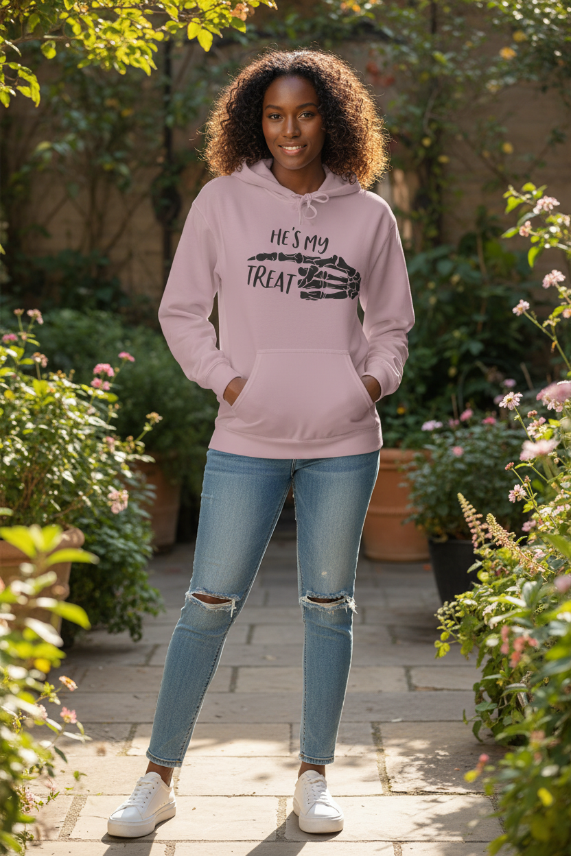 He's My Treat Skeleton Hand Hoodie — Halloween Couple Sweatshirt