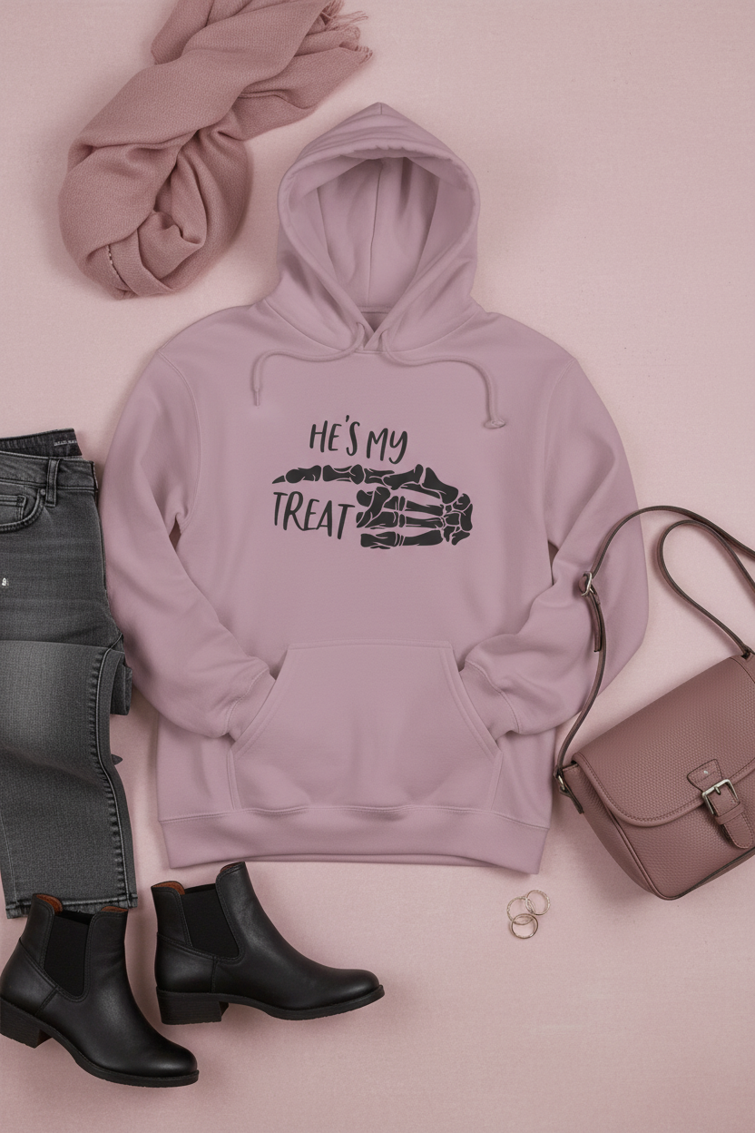 He's My Treat Skeleton Hand Hoodie — Halloween Couple Sweatshirt