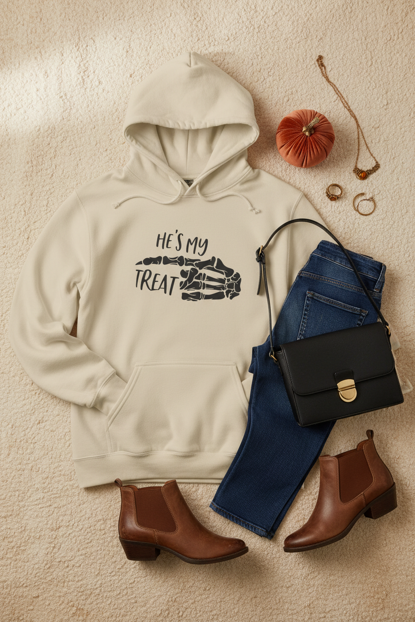 He's My Treat Skeleton Hand Hoodie — Halloween Couple Sweatshirt