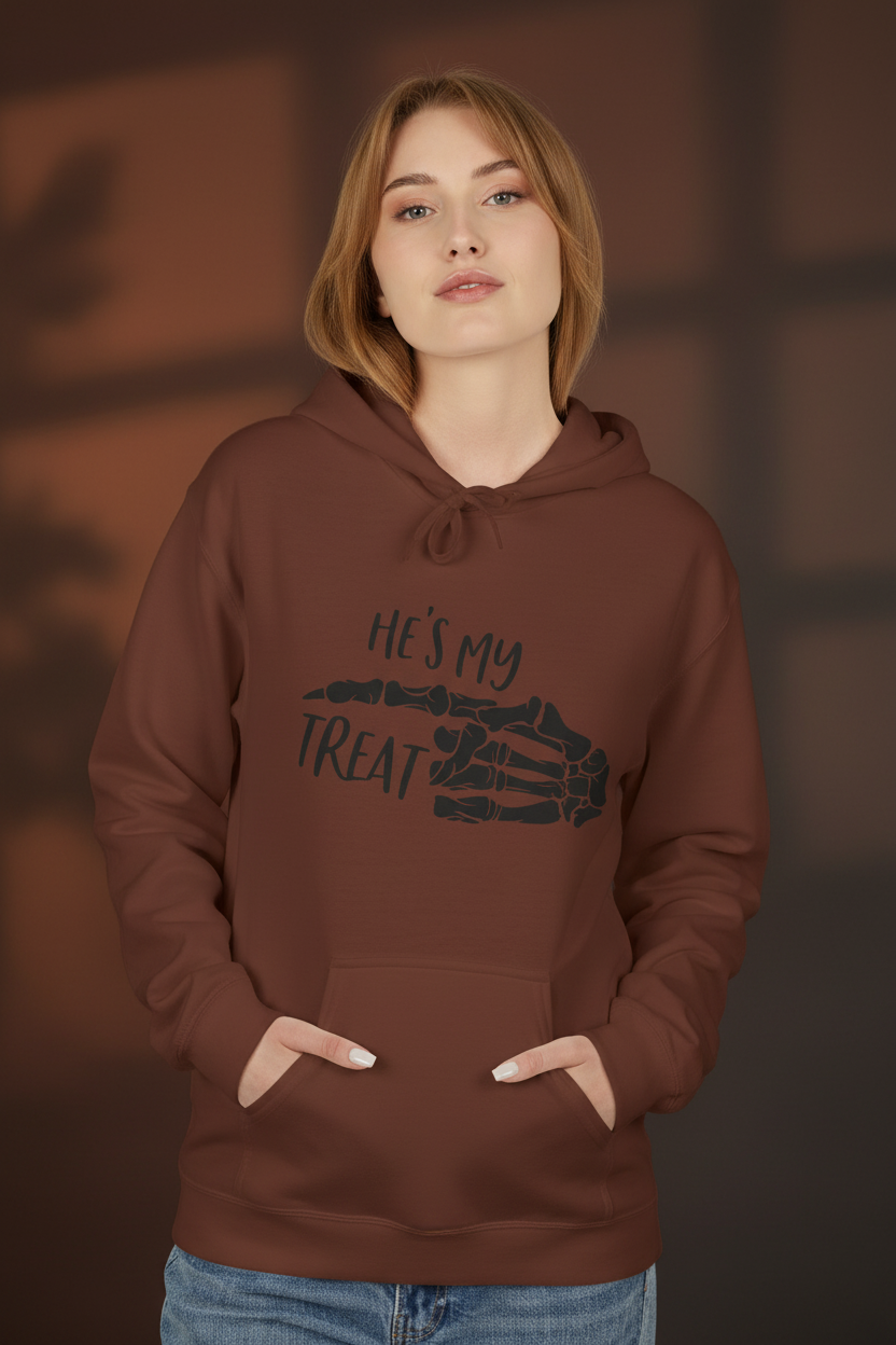 He's My Treat Skeleton Hand Hoodie — Halloween Couple Sweatshirt
