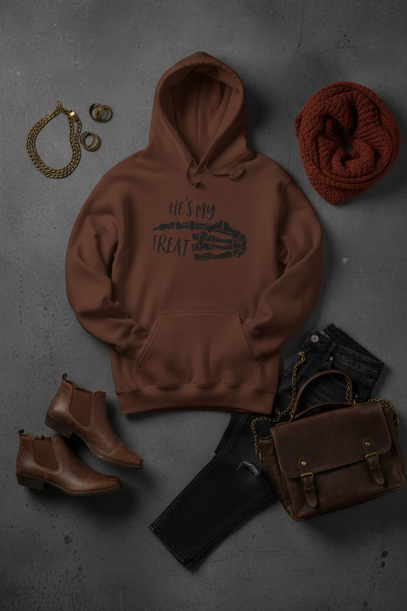 He's My Treat Skeleton Hand Hoodie — Halloween Couple Sweatshirt