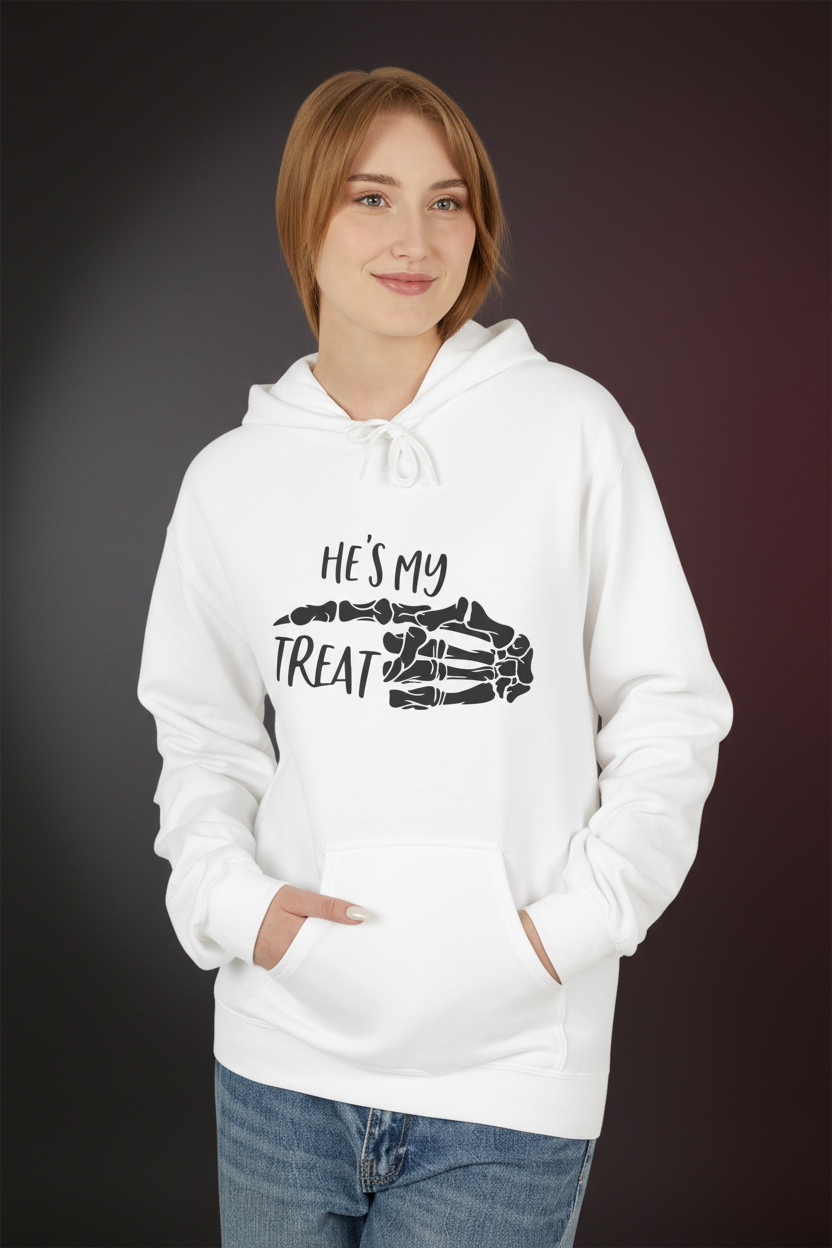 He's My Treat Skeleton Hand Hoodie — Halloween Couple Sweatshirt