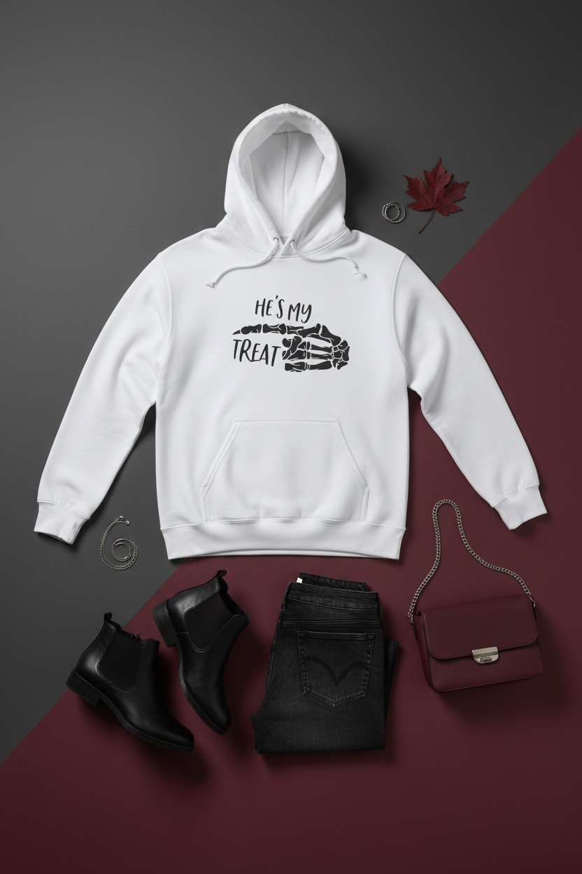 He's My Treat Skeleton Hand Hoodie — Halloween Couple Sweatshirt