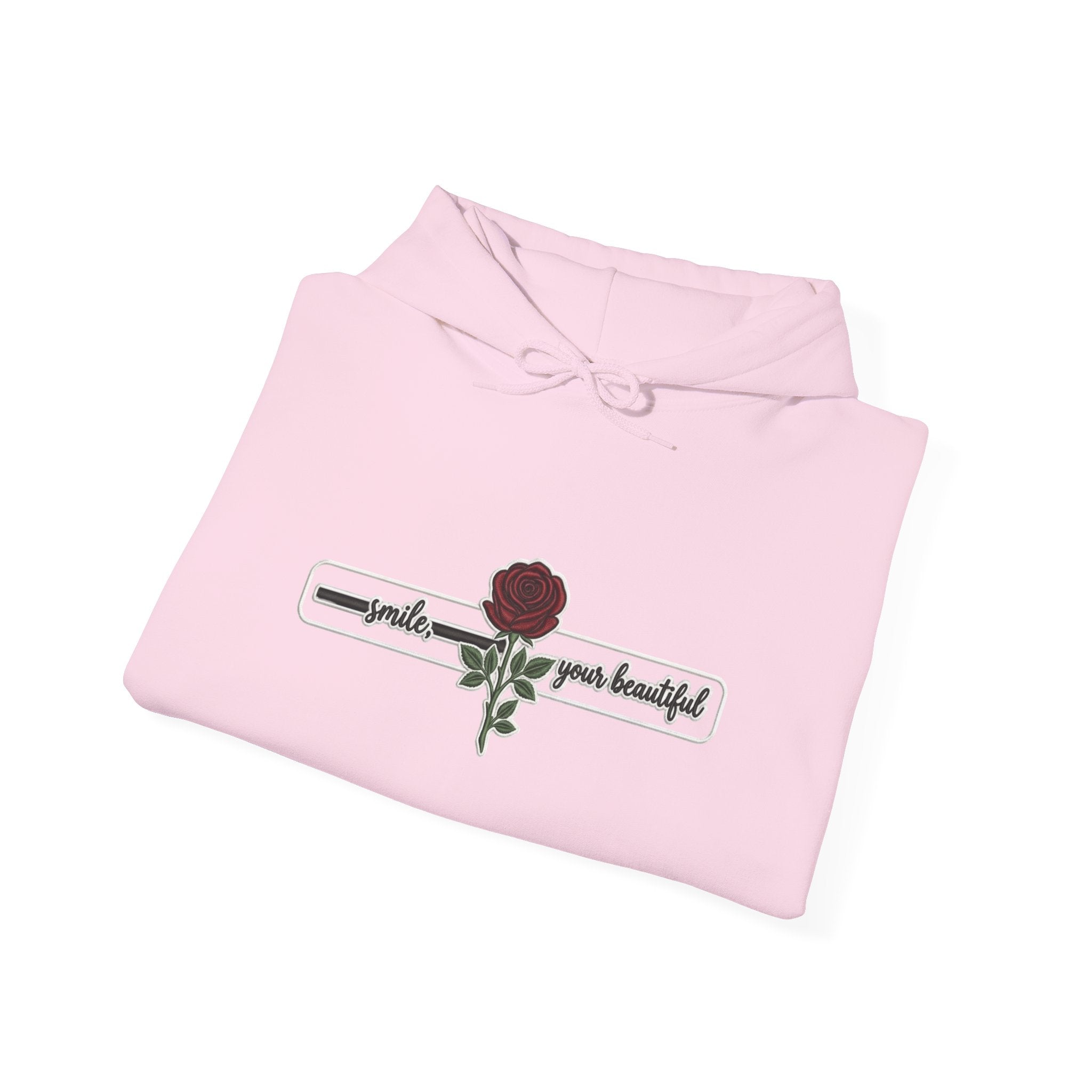 Rose & Checkered Sleeve Hoodie — "Smile, You're Beautiful" Graphic