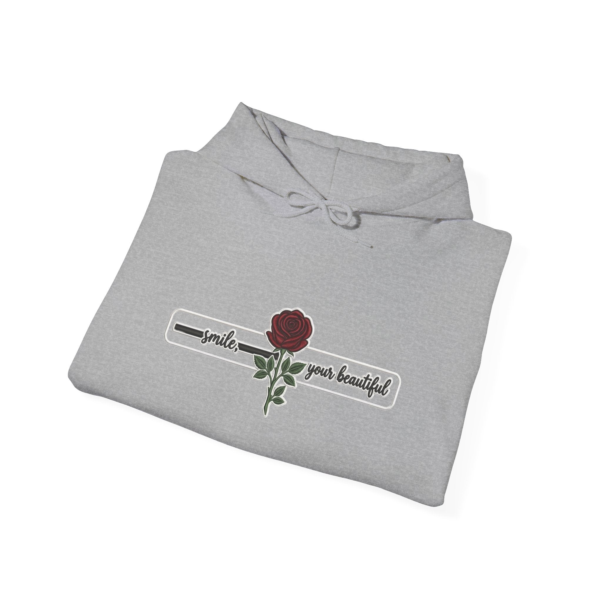 Rose & Checkered Sleeve Hoodie — "Smile, You're Beautiful" Graphic