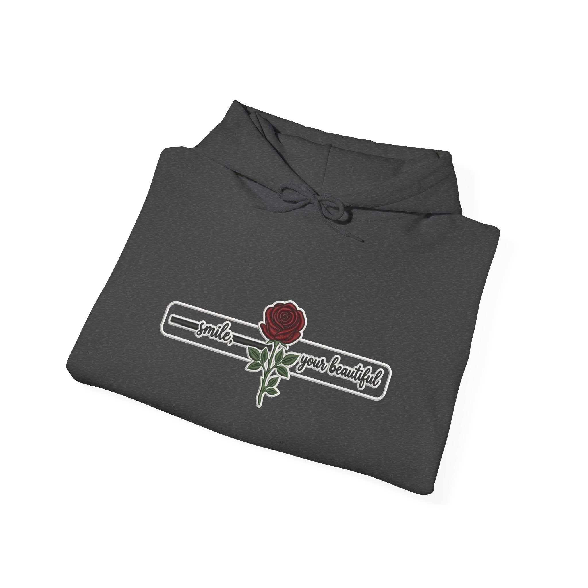 Rose & Checkered Sleeve Hoodie — "Smile, You're Beautiful" Graphic