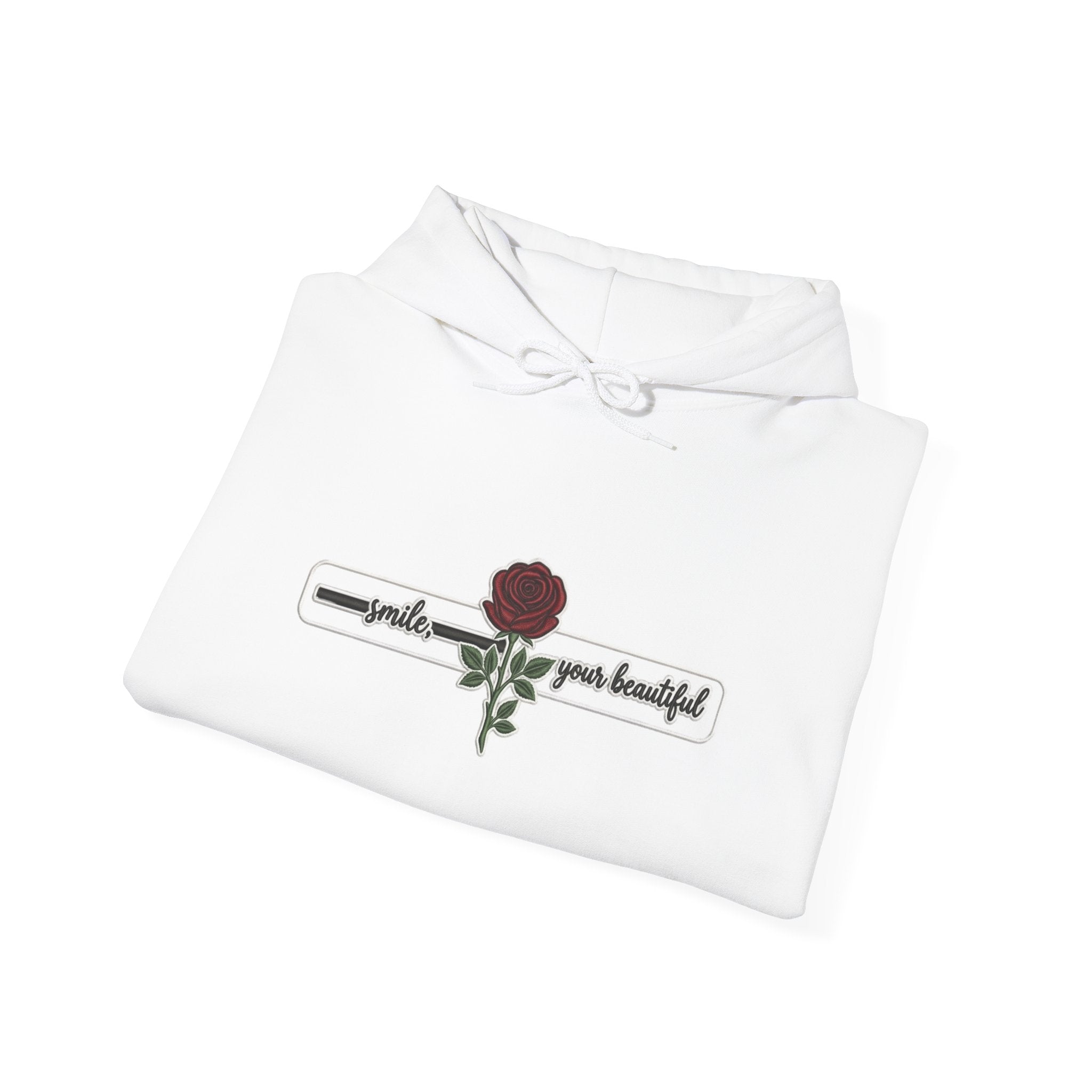 Rose & Checkered Sleeve Hoodie — "Smile, You're Beautiful" Graphic