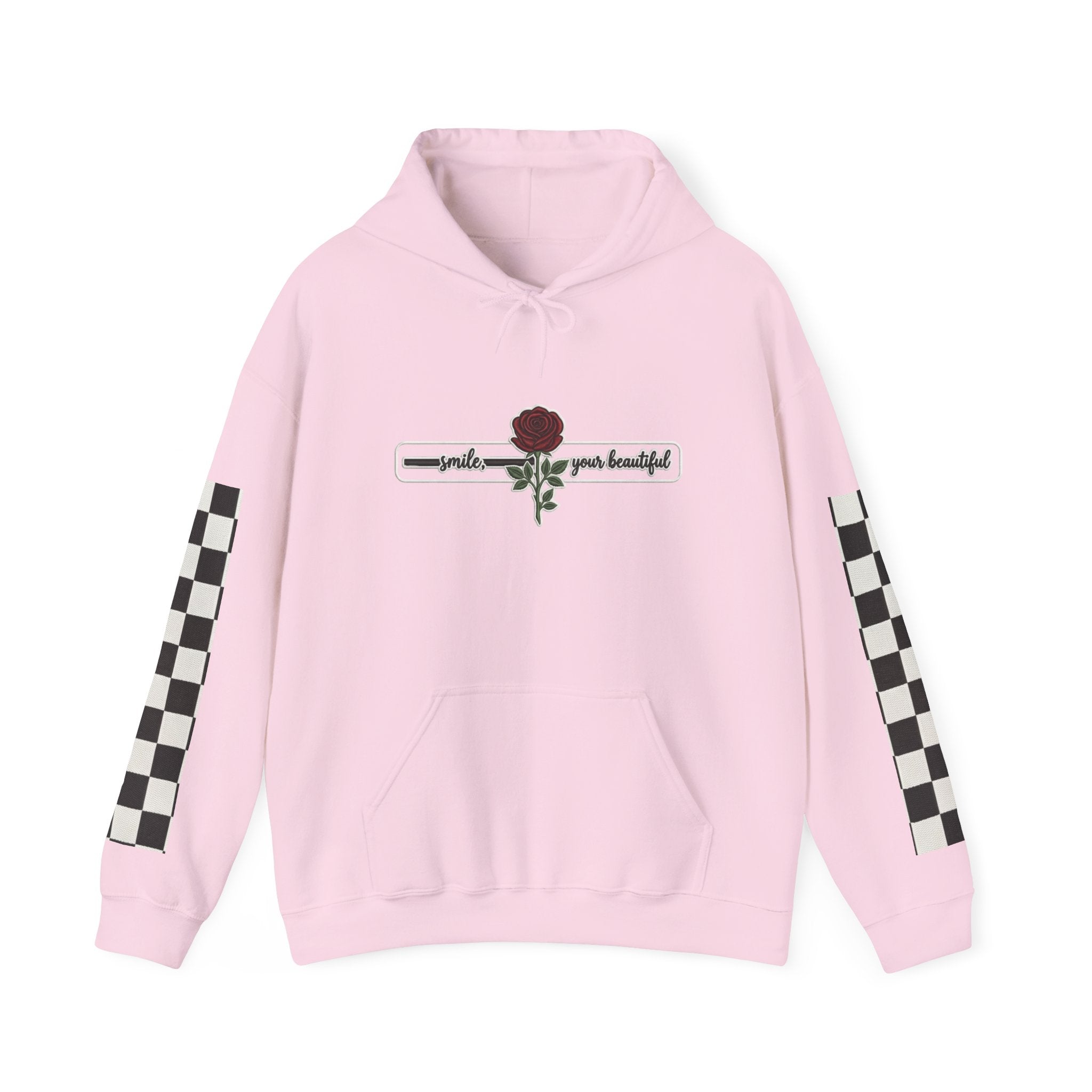 Rose & Checkered Sleeve Hoodie — "Smile, You're Beautiful" Graphic